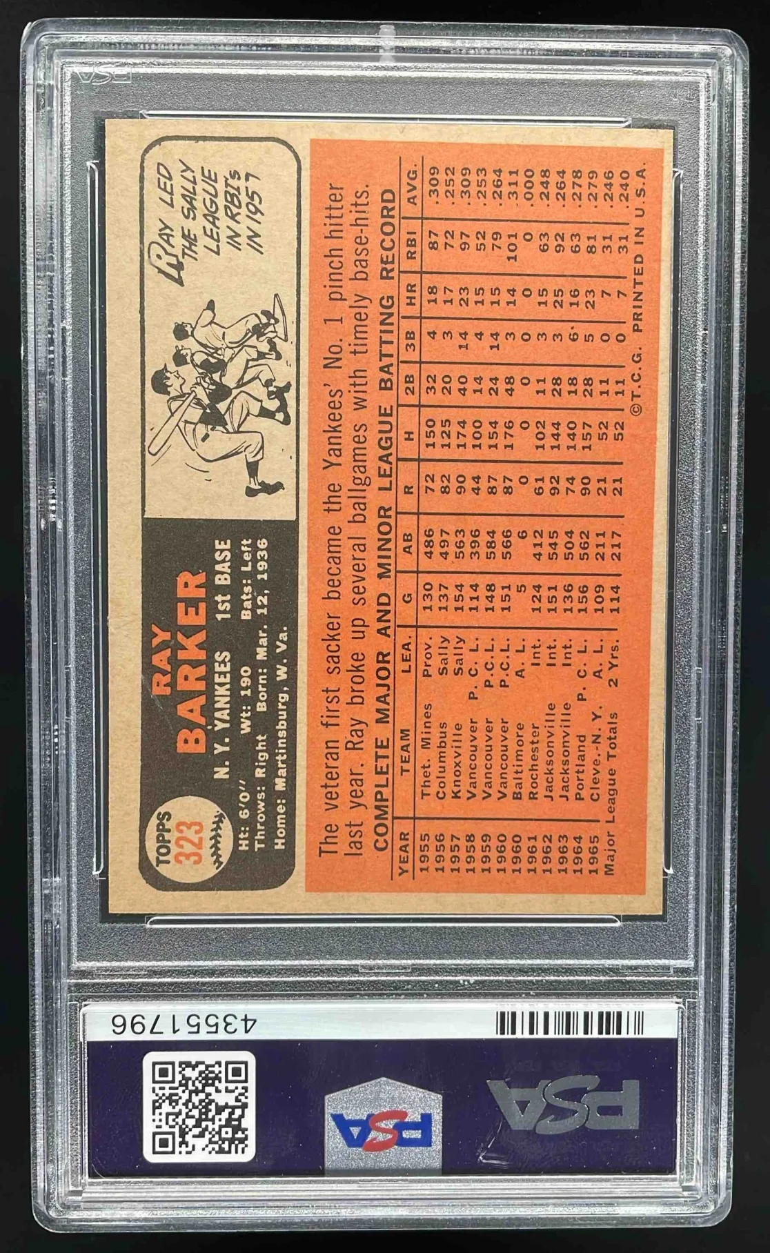 1966 Topps #323 Ray Barker PSA 8 - Image 2