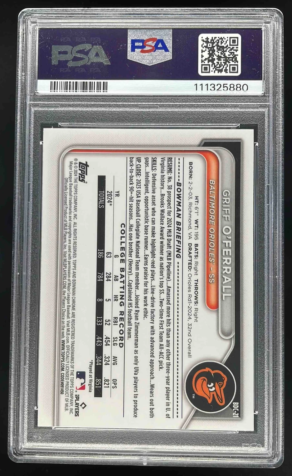 2024 Bowman Draft Sapphire Chrome Gold #BDC-21 Griff O'Ferrall RC /50 PSA 10 - Image 2