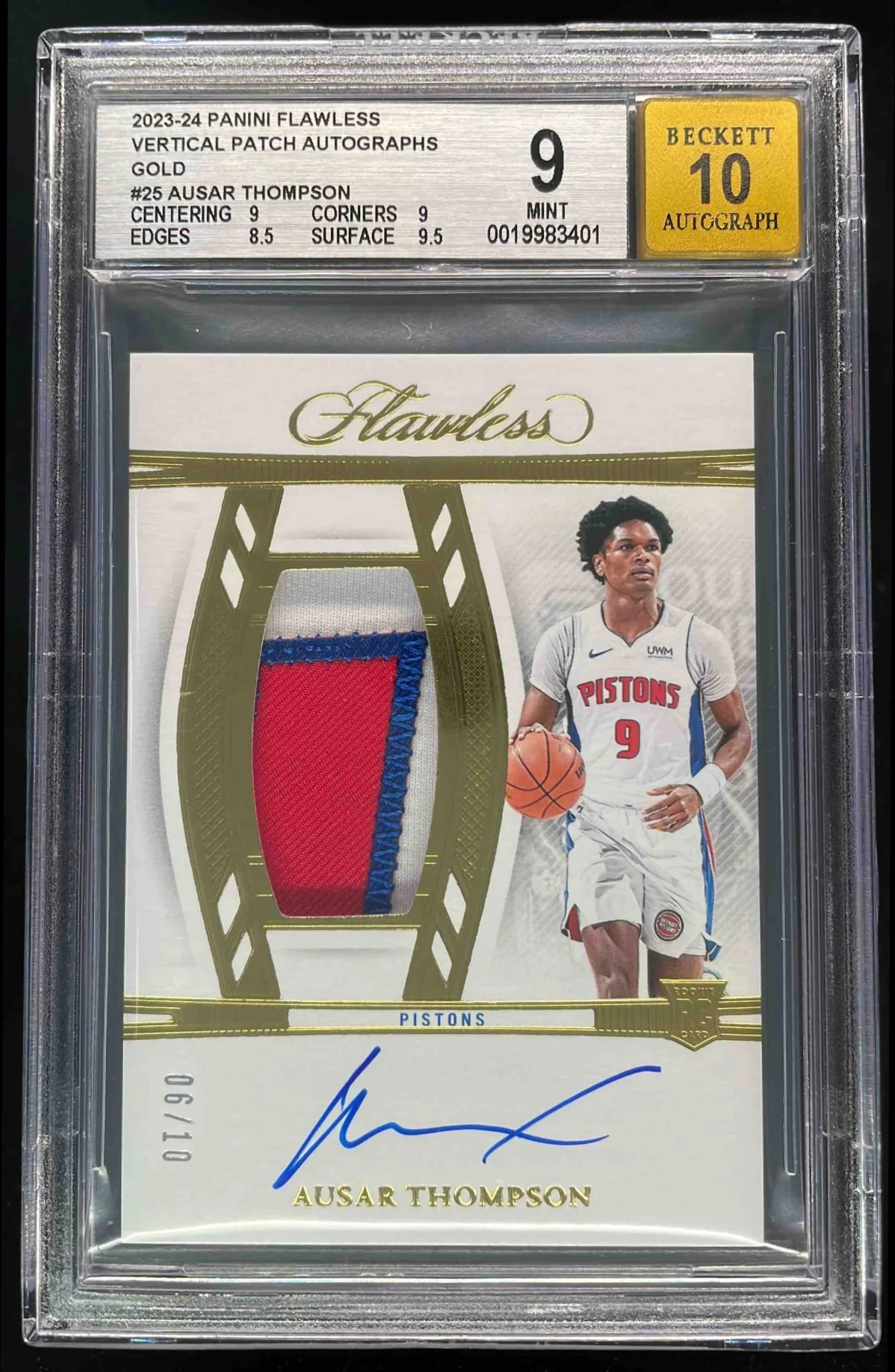 2023-24 Panini Flawless Vertical Patch Auto Gold Ausar Thompson RC /10 BGS 9