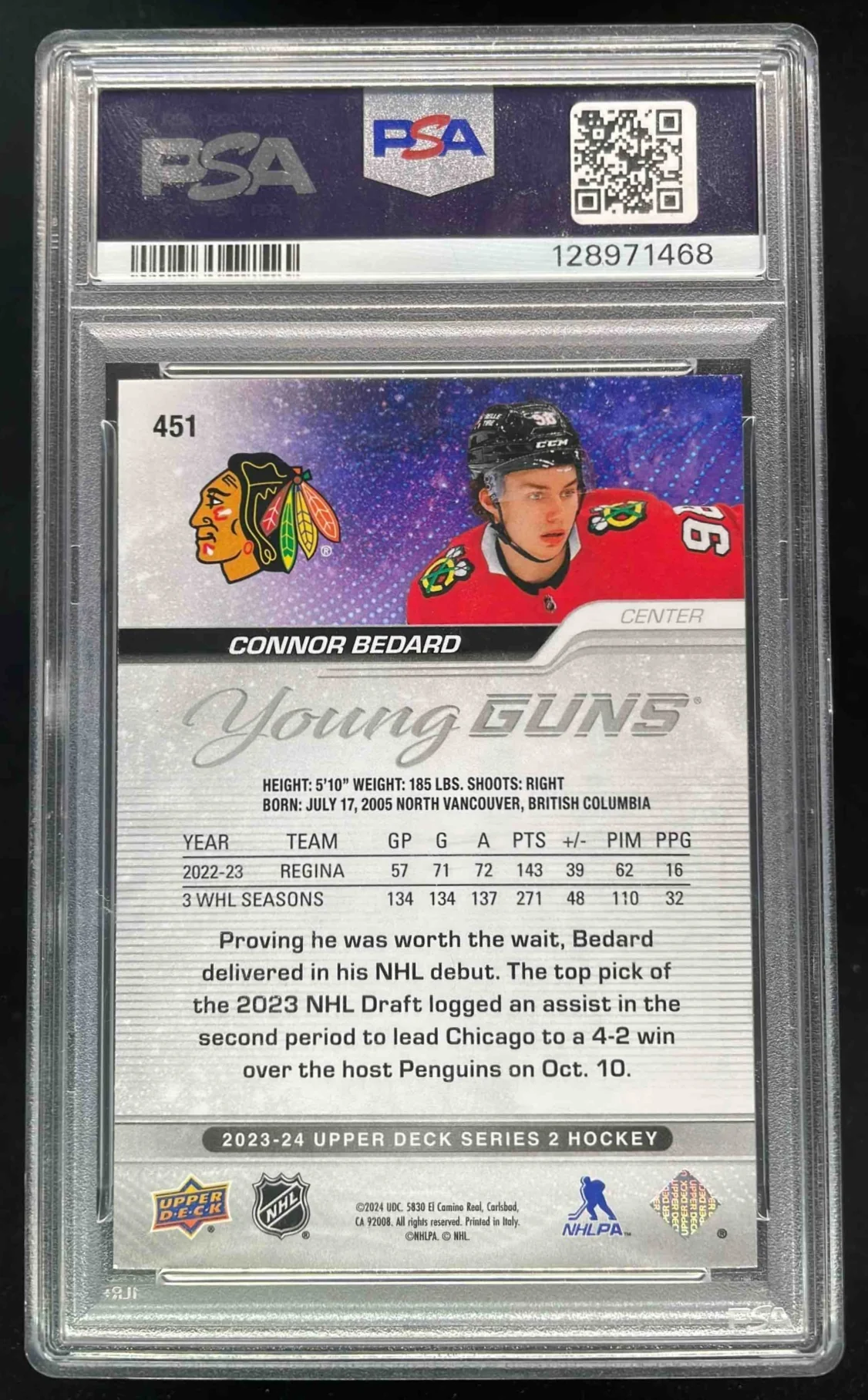 2023-24 Upper Deck #451 Connor Bedard Young Guns RC PSA 9 - Image 2