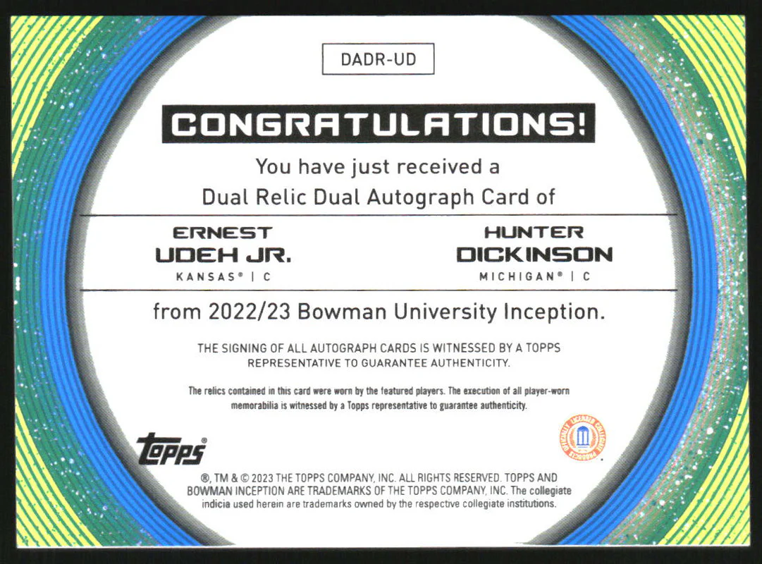2022 Bowman Inception University Dual Auto Ernest Udeh Jr. Hunter Dickinson /99 - Image 2