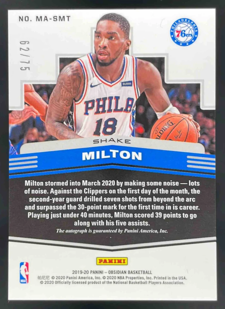 2019-20 Obsidian Matrix Autographs Electric Etch Purple Shake Milton Auto /75 - Image 2