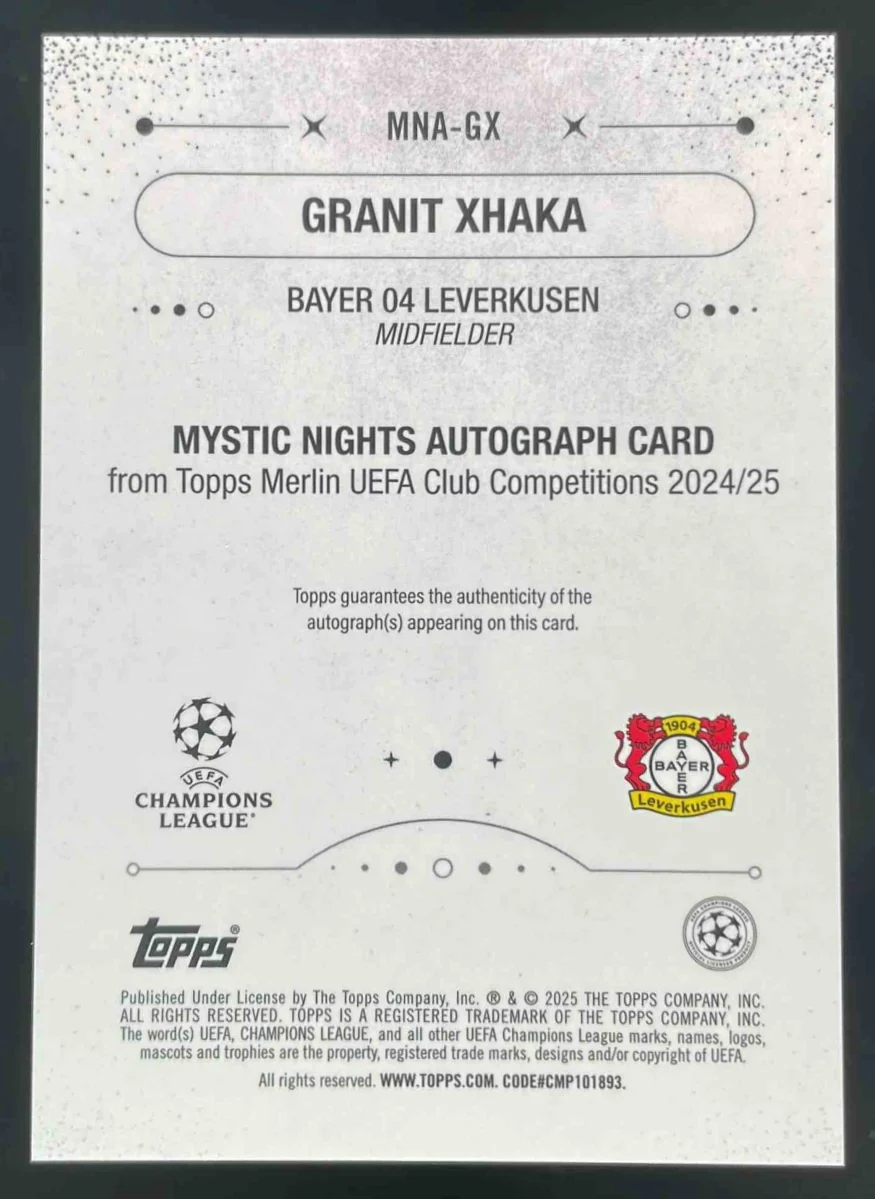 2024-25 Topps Merlin Chrome Mystic Nights Green #MNA-GX Granit Xhaka Auto /99 - Image 2