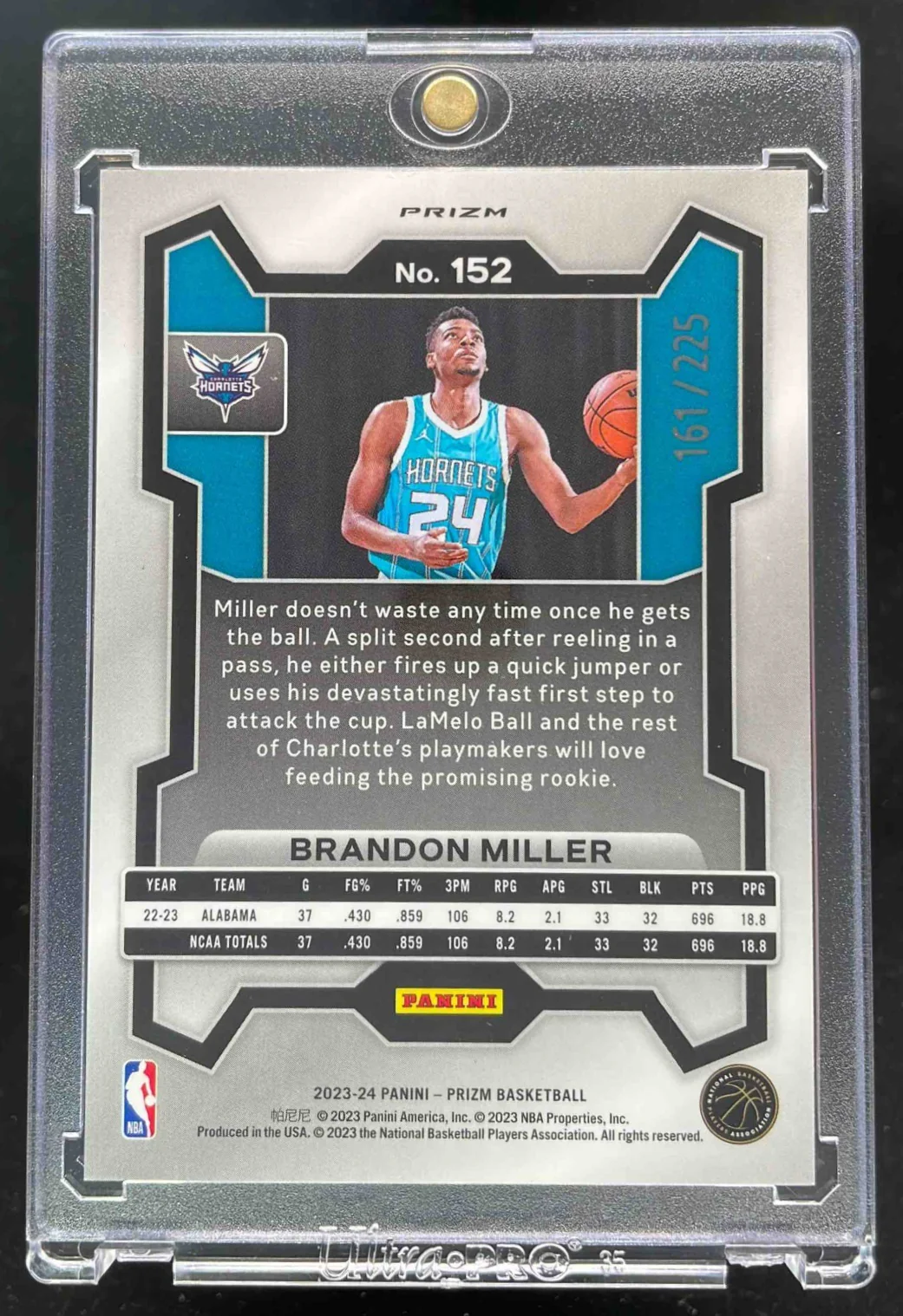 2023-24 Panini Prizm Prizms Teal Ice #152 Brandon Miller RC /225 - Image 2