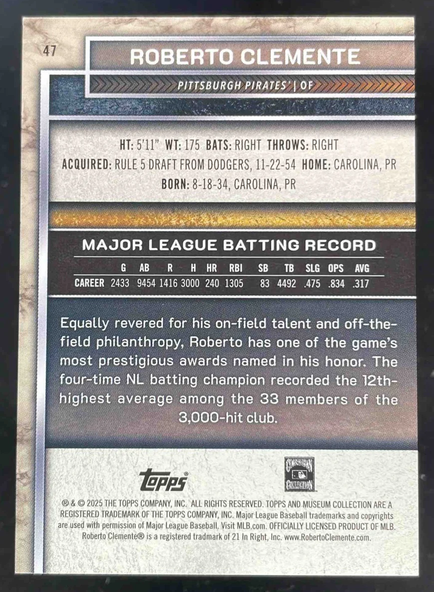 2025 Topps Museum Collection Black Diamond #47 Roberto Clemente /10 - Image 2