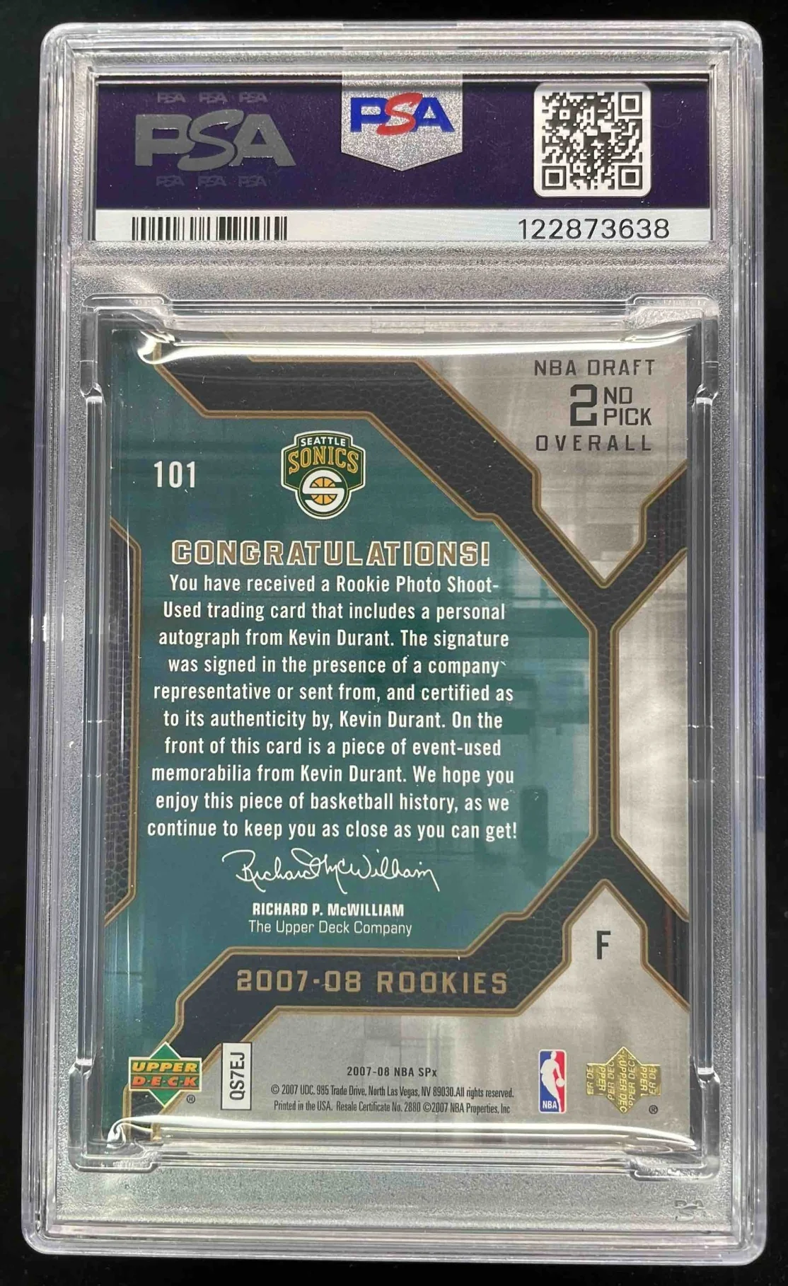2007-08 SPx #101 Kevin Durant RC Auto /299 PSA 6 - Image 2