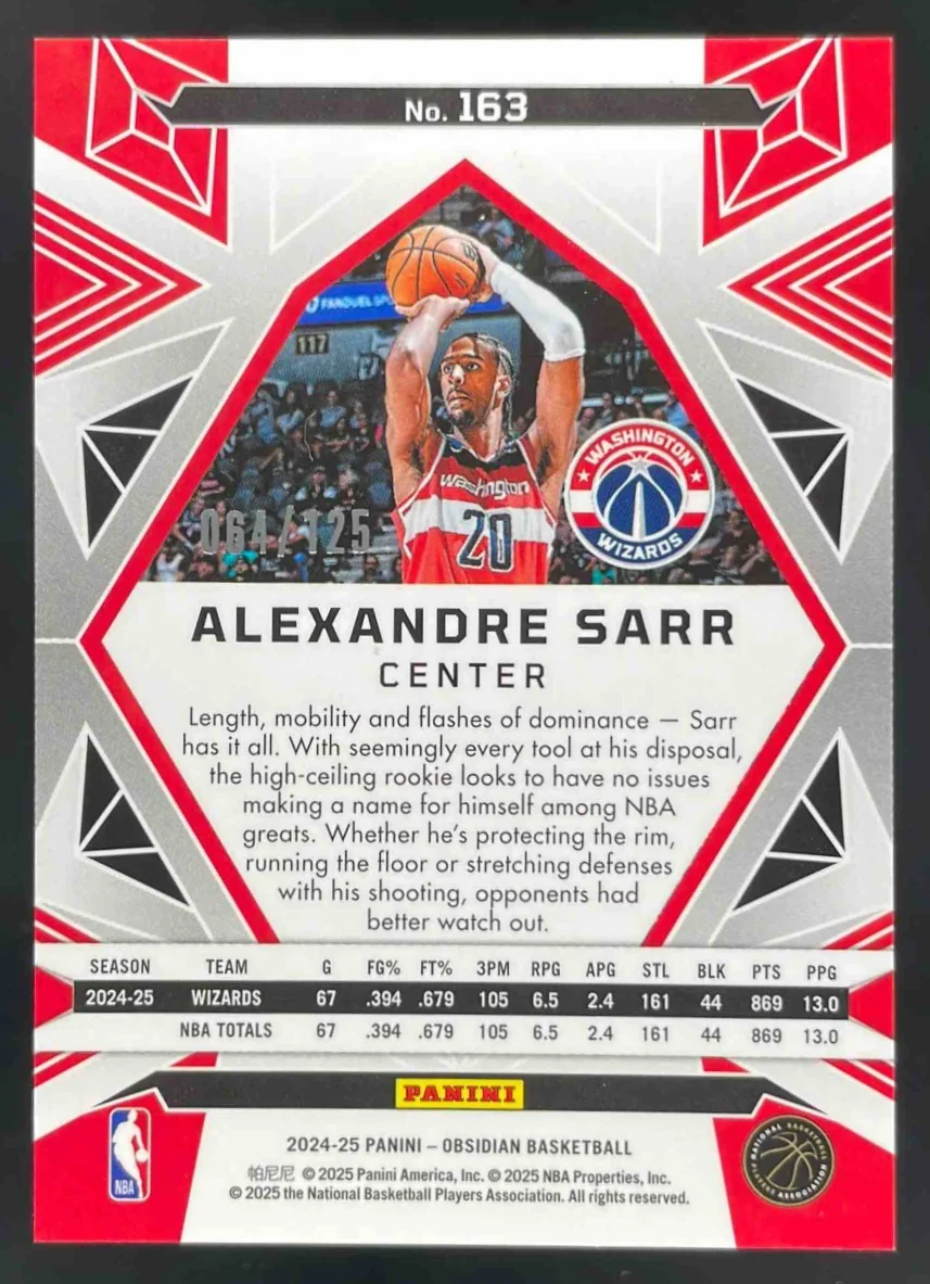 2024-25 Panini Obsidian Electric Etch Orange Flood #163 Alexandre Sarr RC /125 - Image 2