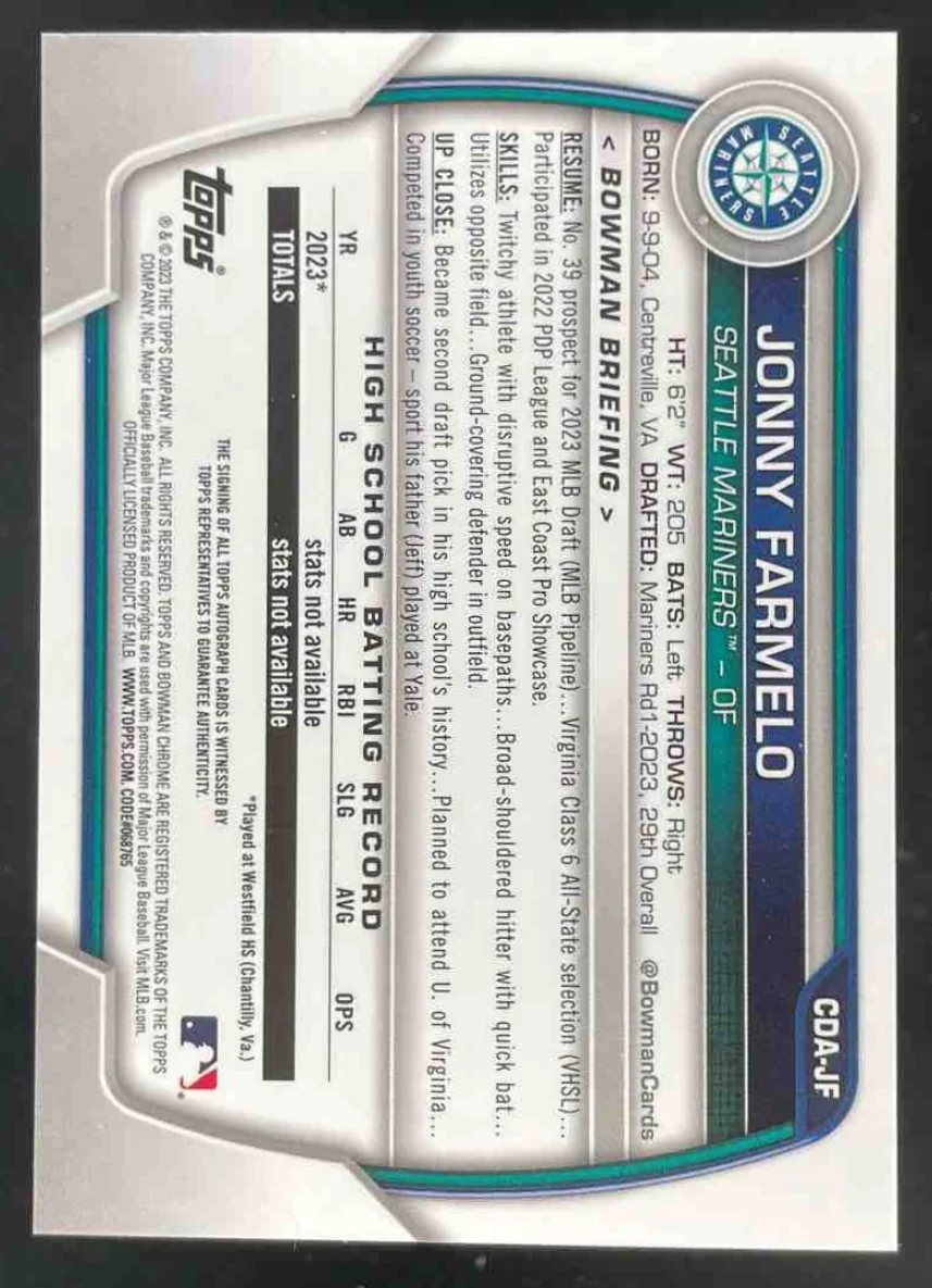 2023 Bowman Draft Chrome Prospect Autographs #CDA-JF Jonny Farmelo RC Auto - Image 2