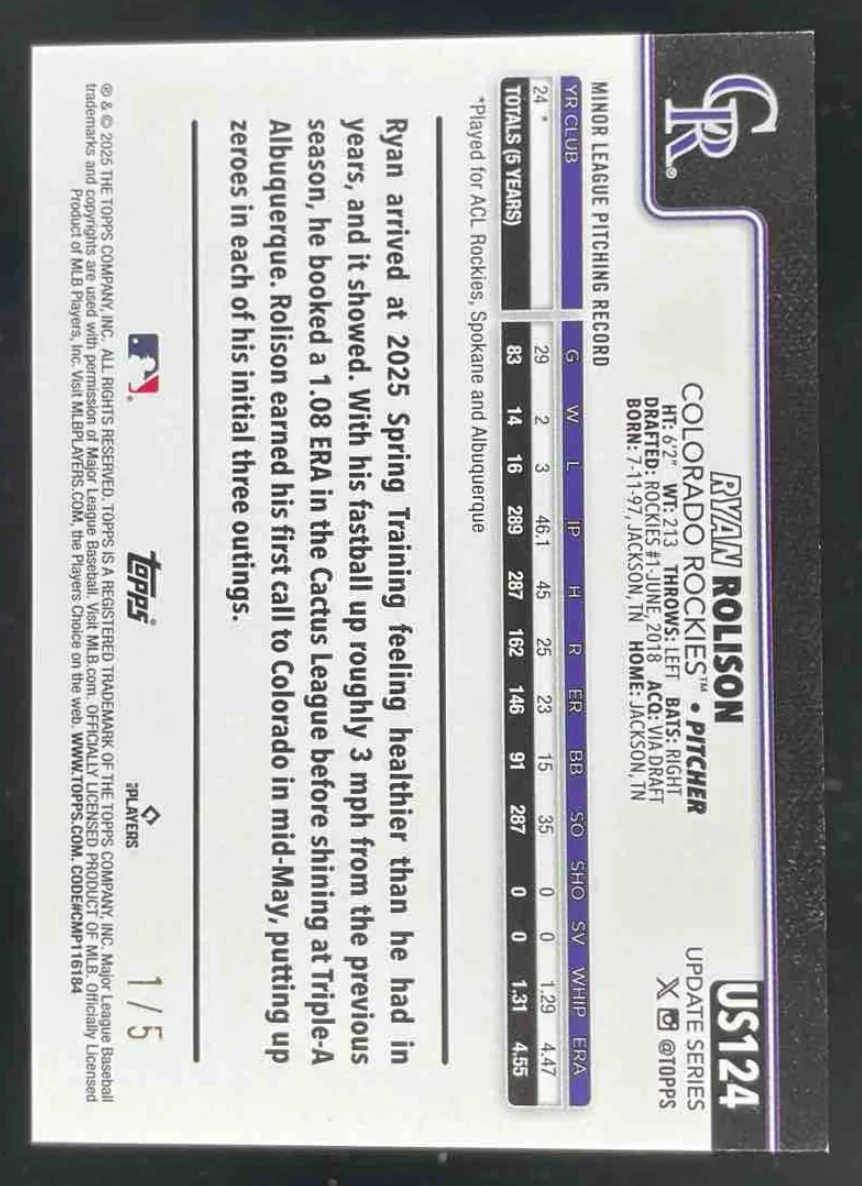2025 Topps Update Red Rainbow Foil #US124 Ryan Rolison RC /5 - Image 2