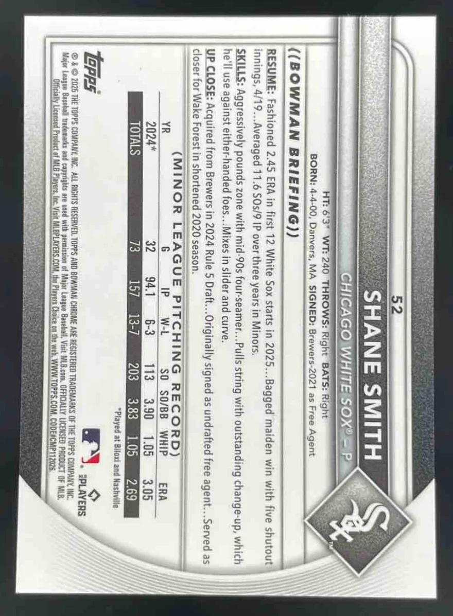 2025 Bowman Chrome Black Refractor #52 Shane Smith RC /10 - Image 2