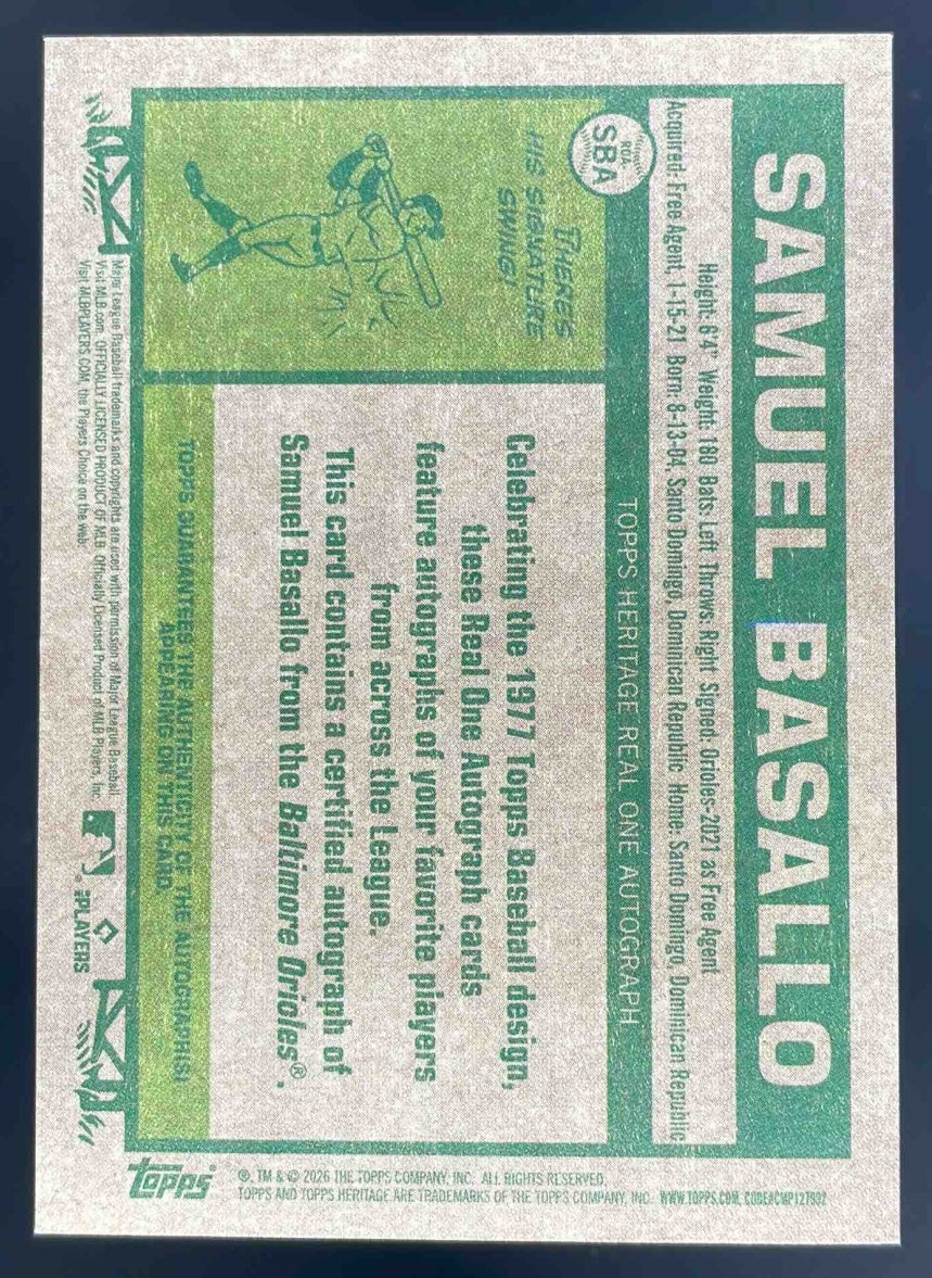 2026 Topps Heritage Real One Special Edition Red Ink Samuel Basallo RC Auto /77 - Image 2