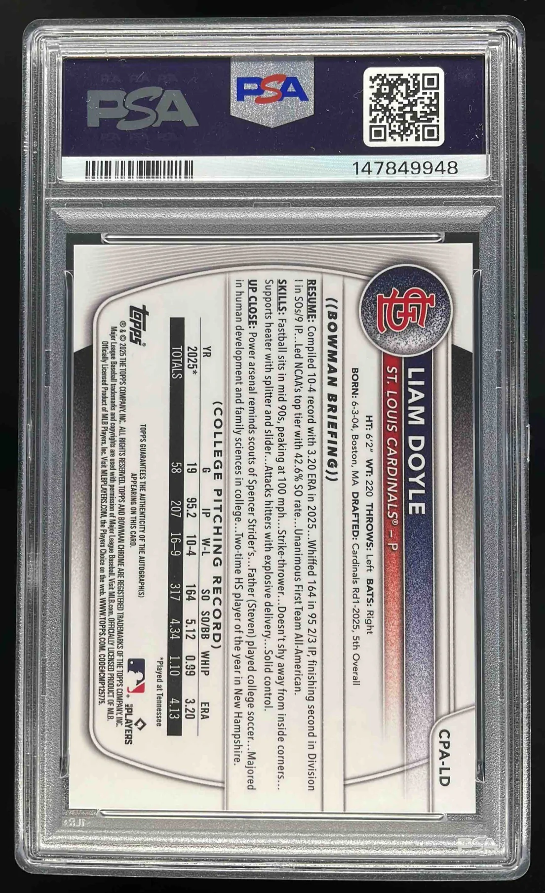 2025 Bowman Draft Chrome Prospect Green #CPA-LD Liam Doyle RC Auto /99 PSA 9 - Image 2