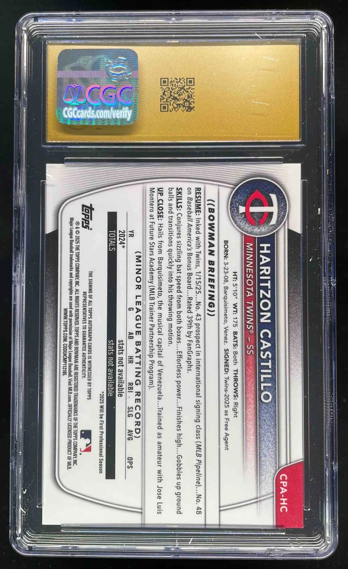 2025 Bowman Chrome Orange Shimmer #CPA-HC Haritzon Castillo RC Auto /25 CGC 10 - Image 2