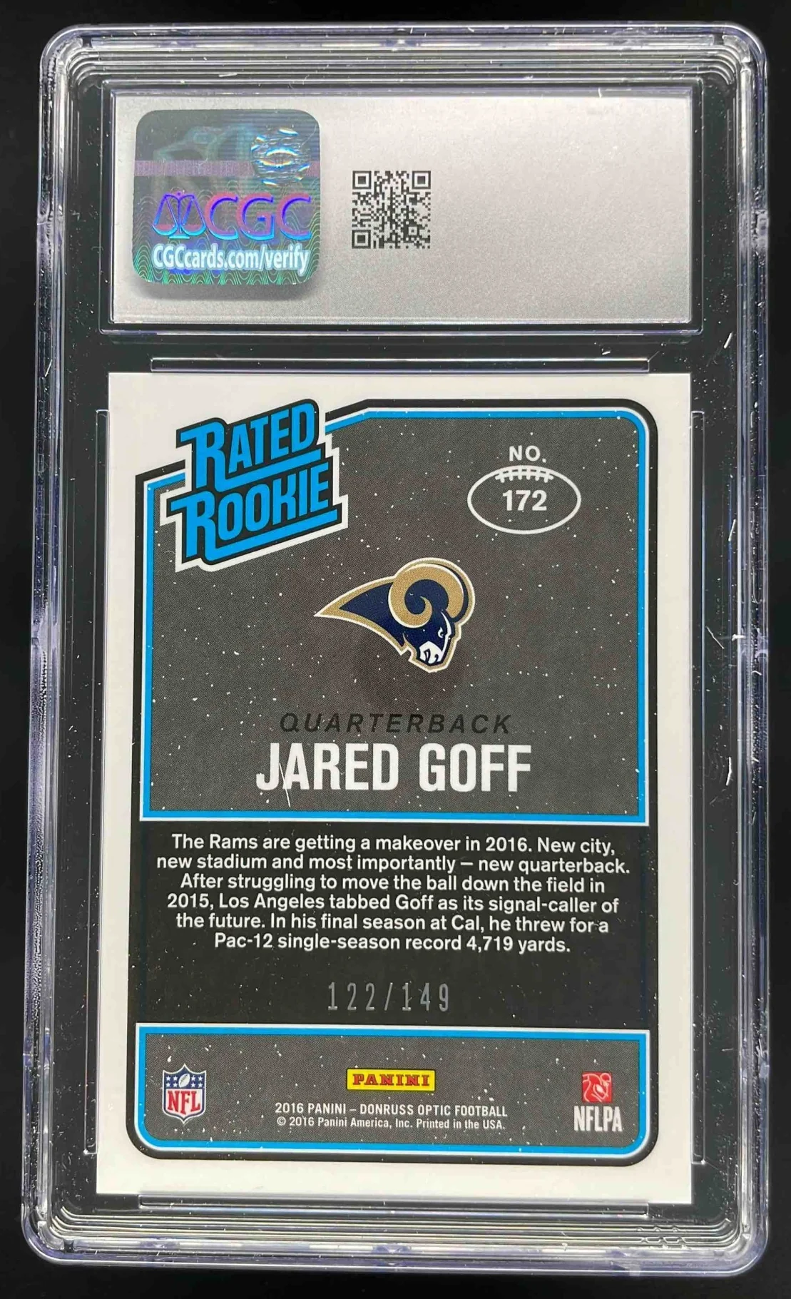 2016 Panini Donruss Optic Blue #172 Jared Goff RC /149 CGC 10 - Image 2