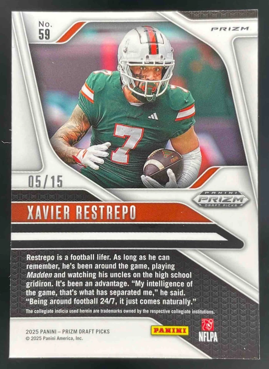 2025 Panini Prizm Draft Picks Gold Shimmer Prizm #59 Xavier Restrepo RC /15 - Image 2