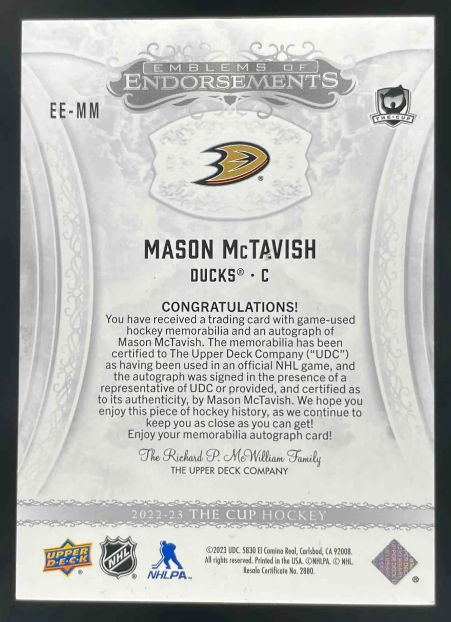 2024-25 The Cup Update Emblems of Endorsements #EE-MM Mason McTavish Auto /15 - Image 2