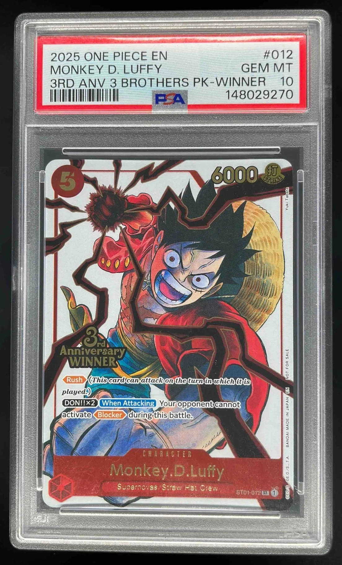 2025 One Piece EN 3rd Anniversary Brothers Winner #012 Monkey D Luffy PSA 10