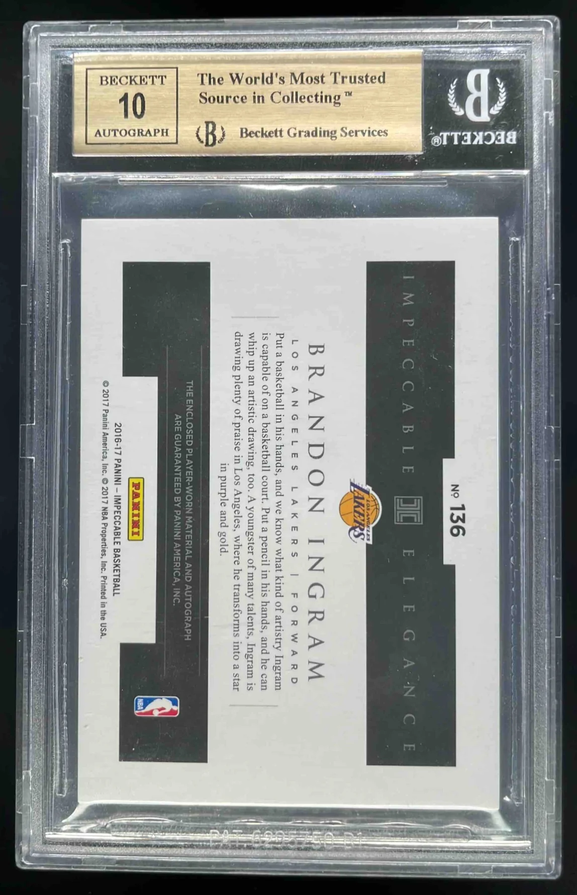 2016-17 Panini Impeccable #136 Brandon Ingram RC Auto /99 BGS 9.5 - Image 2