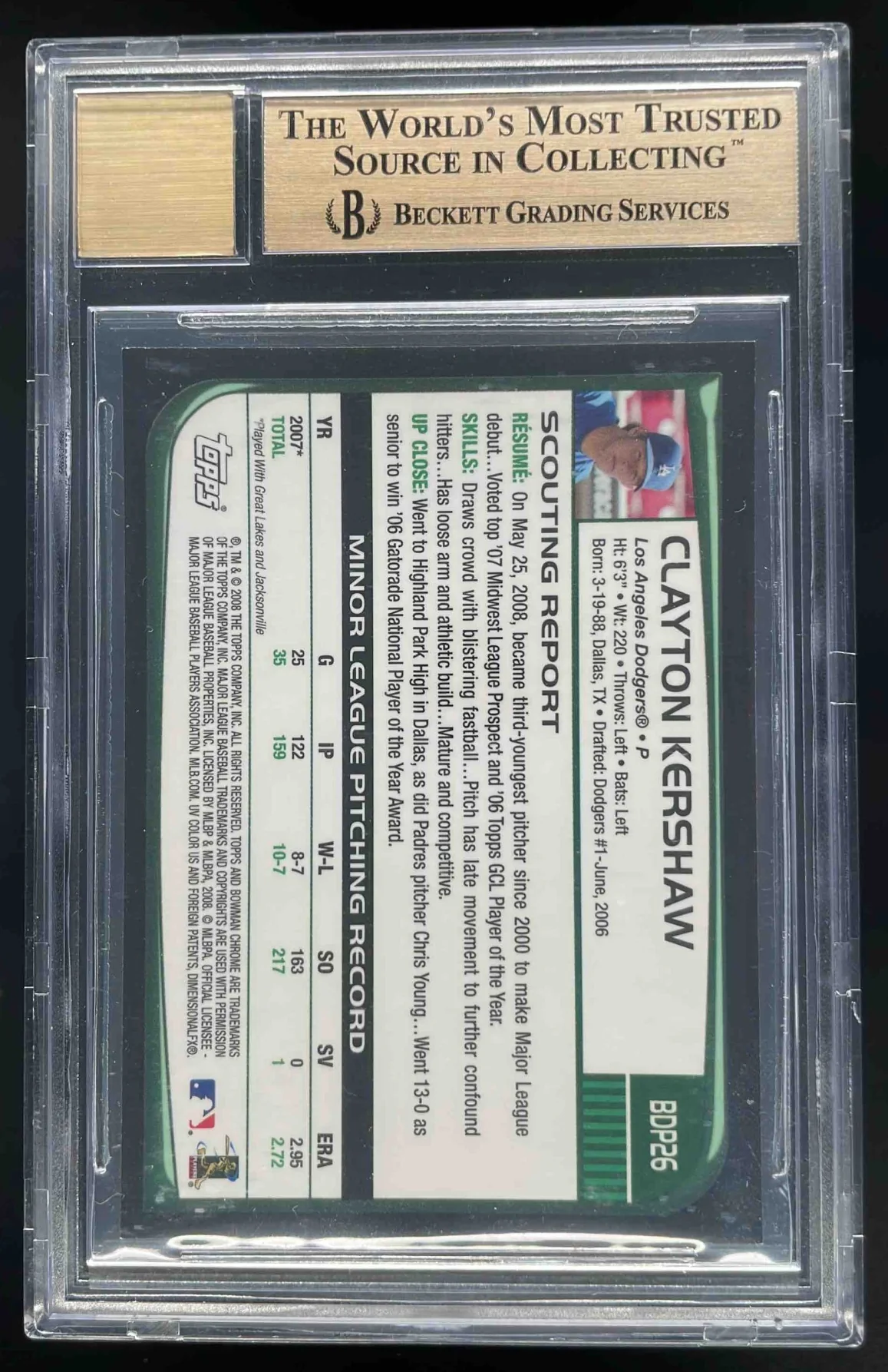 2008 Bowman Draft Picks Chrome #BDP26 Clayton Kershaw RC Auto BGS 9.5 - Image 2