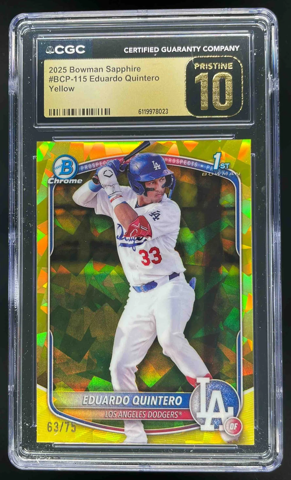 2025 Bowman Sapphire Chrome Yellow #BCP-115 Eduardo Quintero RC /75 CGC 10