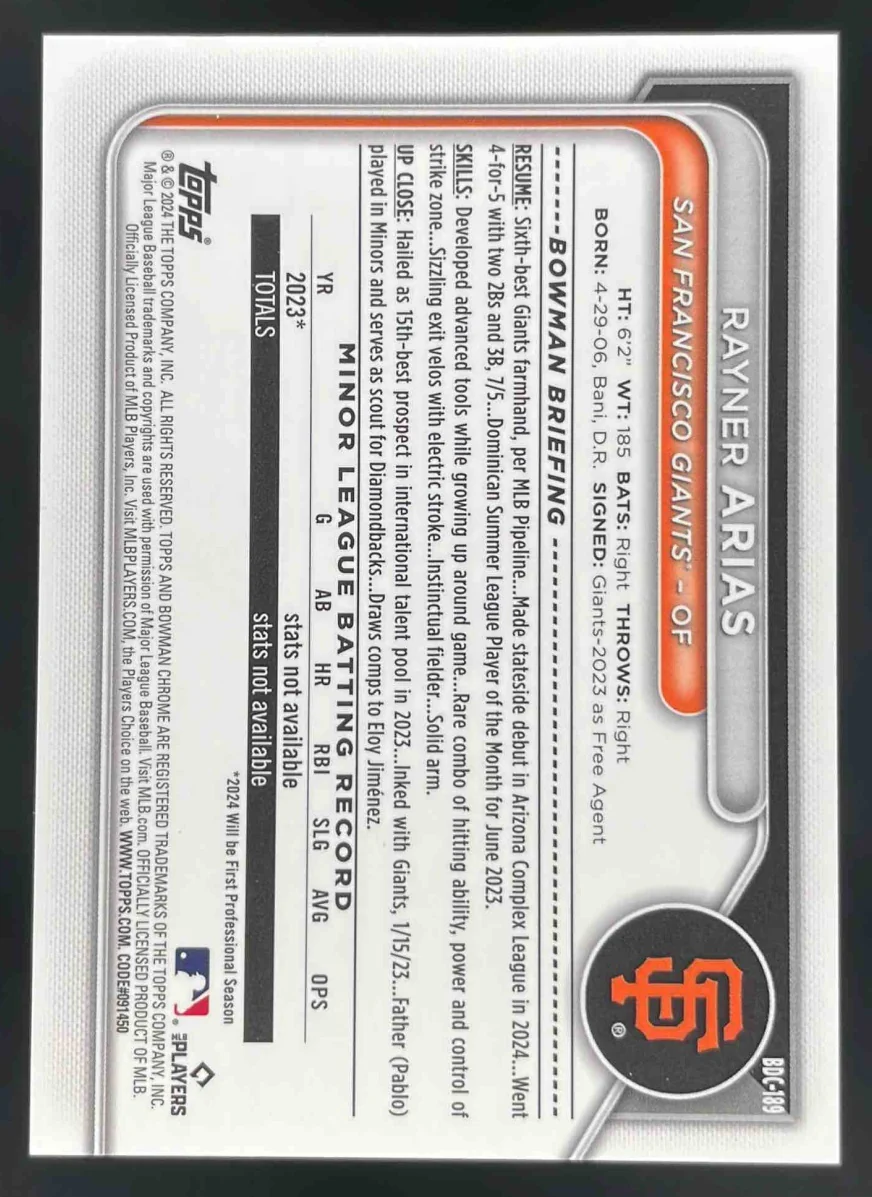 2024 Bowman Draft Chrome Black Refractor #BDC-189 Rayner Arias /10 - Image 2