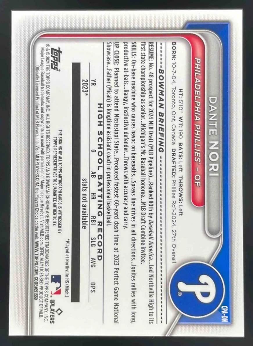 2024 Bowman Draft Chrome Prospect Autographs #CPA-DN Dante Nori RC Auto - Image 2