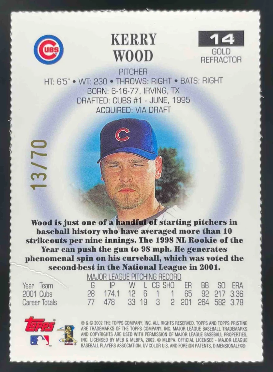 2002 Topps Pristine Gold Refractors #14 Kerry Wood /70 - Image 2