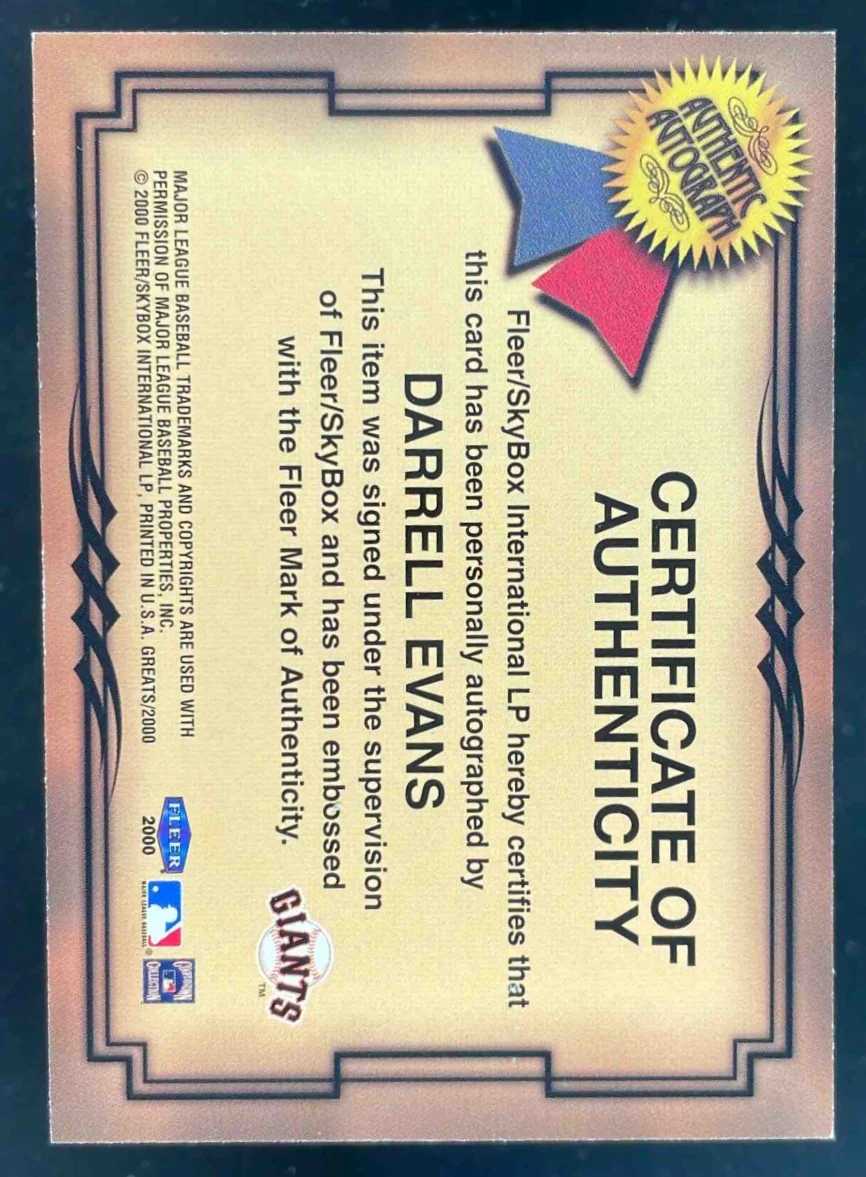 2000 Fleer Greats of the Game Autographs #NNO Darrell Evans Auto - Image 2