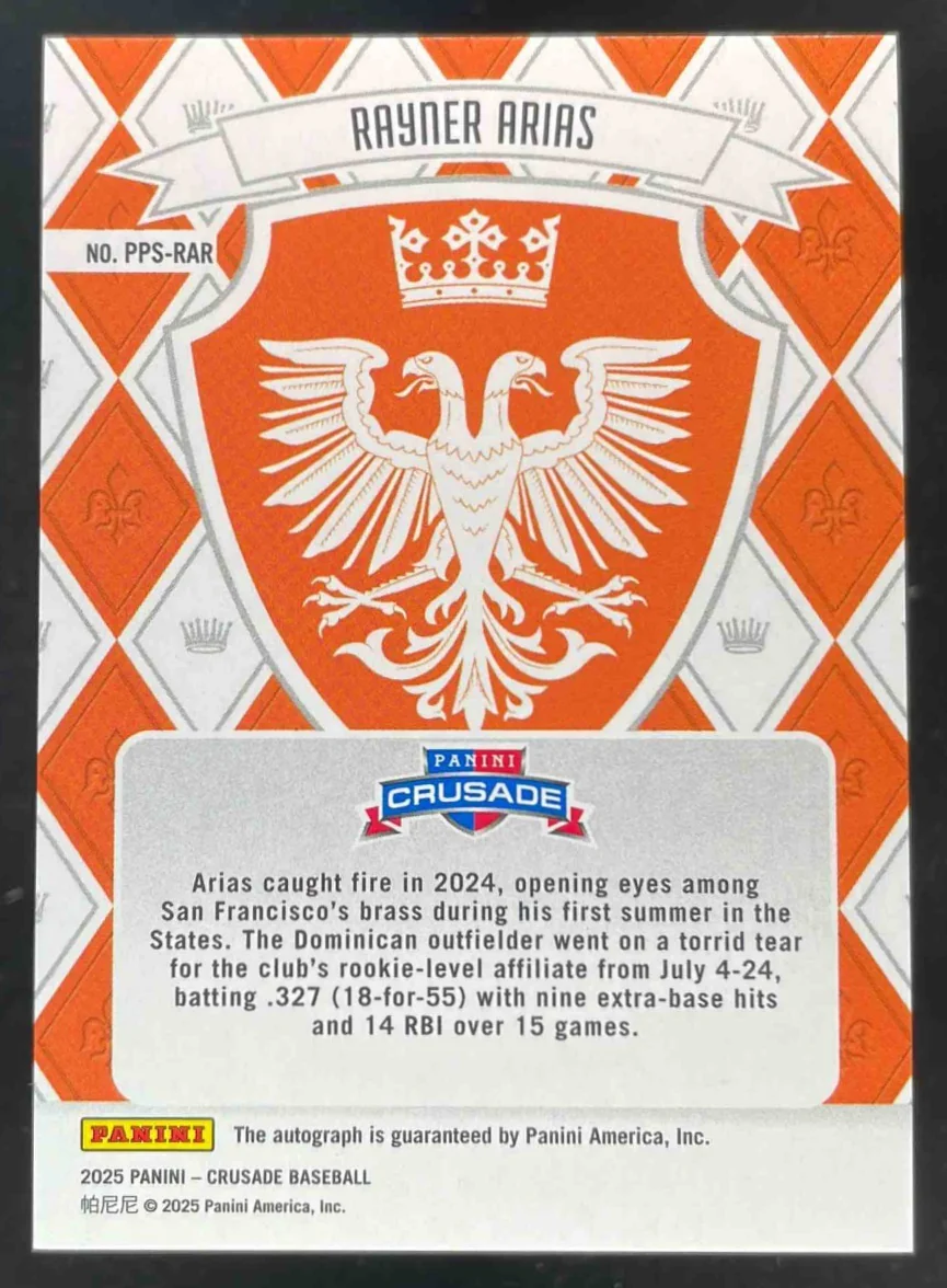 2025 Panini Crusade Perennial Prospect Signatures #PPS- Rayner Arias Auto - Image 2