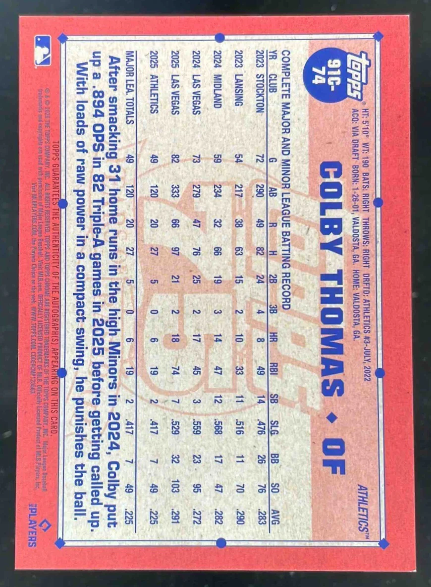 2026 Topps 1991 Chrome Silver Pack Mojo #91C-74 Colby Thomas RC Auto /299 - Image 2