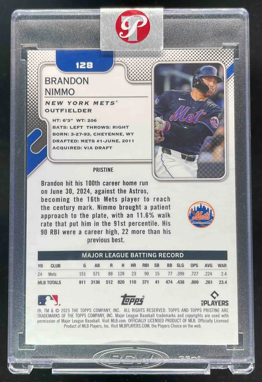 2025 Topps Pristine Pink Refractor #128 Brandon Nimmo /15 - Image 2