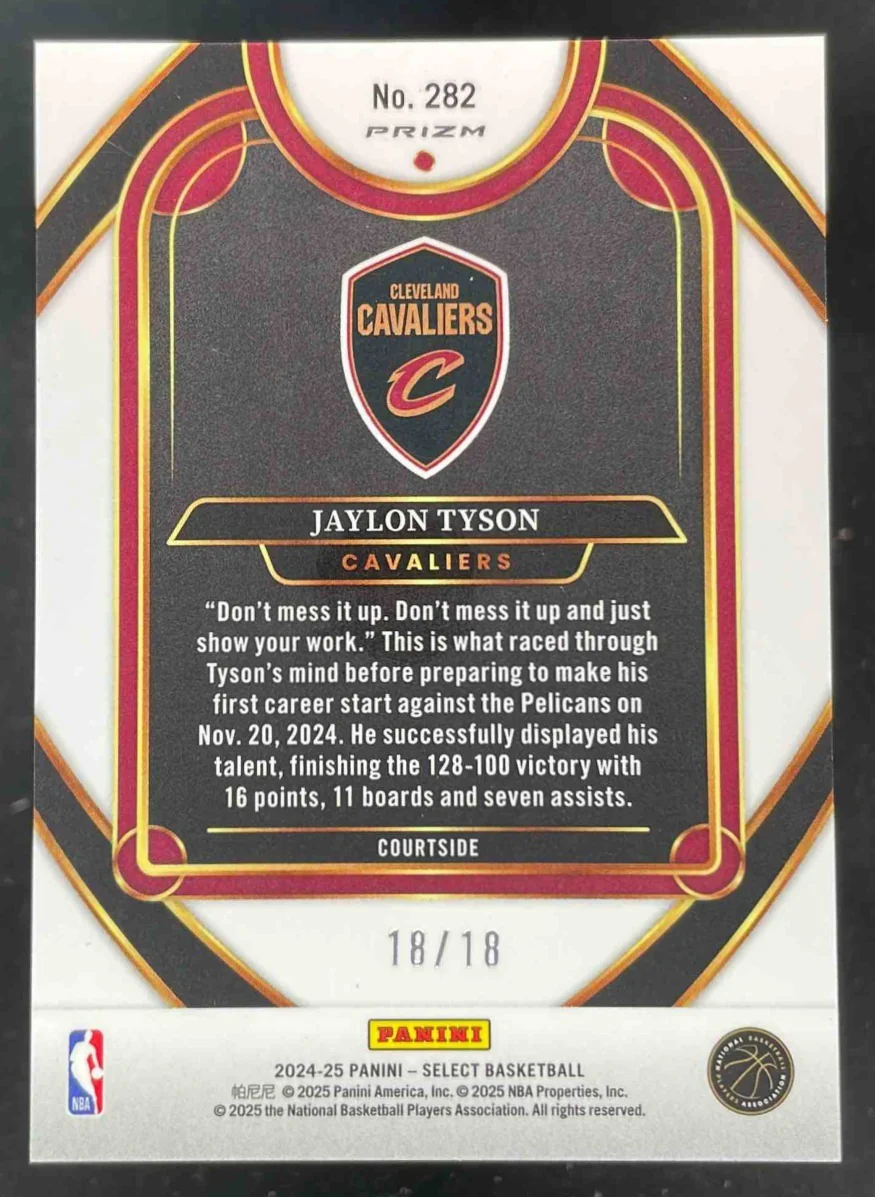 2024-25 Select Courtside Neon Orange Pulsar Prizm FOTL #282 Jaylon Tyson RC /18 - Image 2