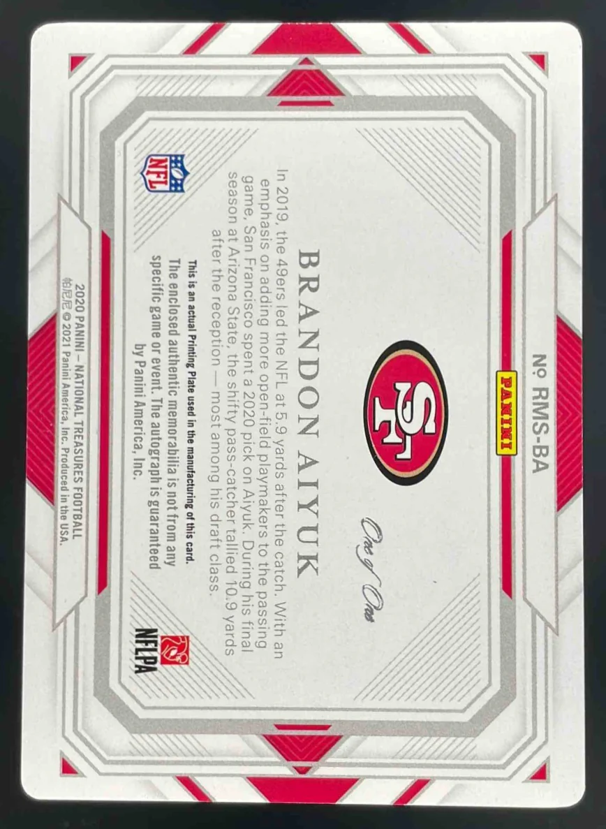 2020 National Treasures Material Printing Plate Black Brandon Aiyuk RC Auto 1/1 - Image 2