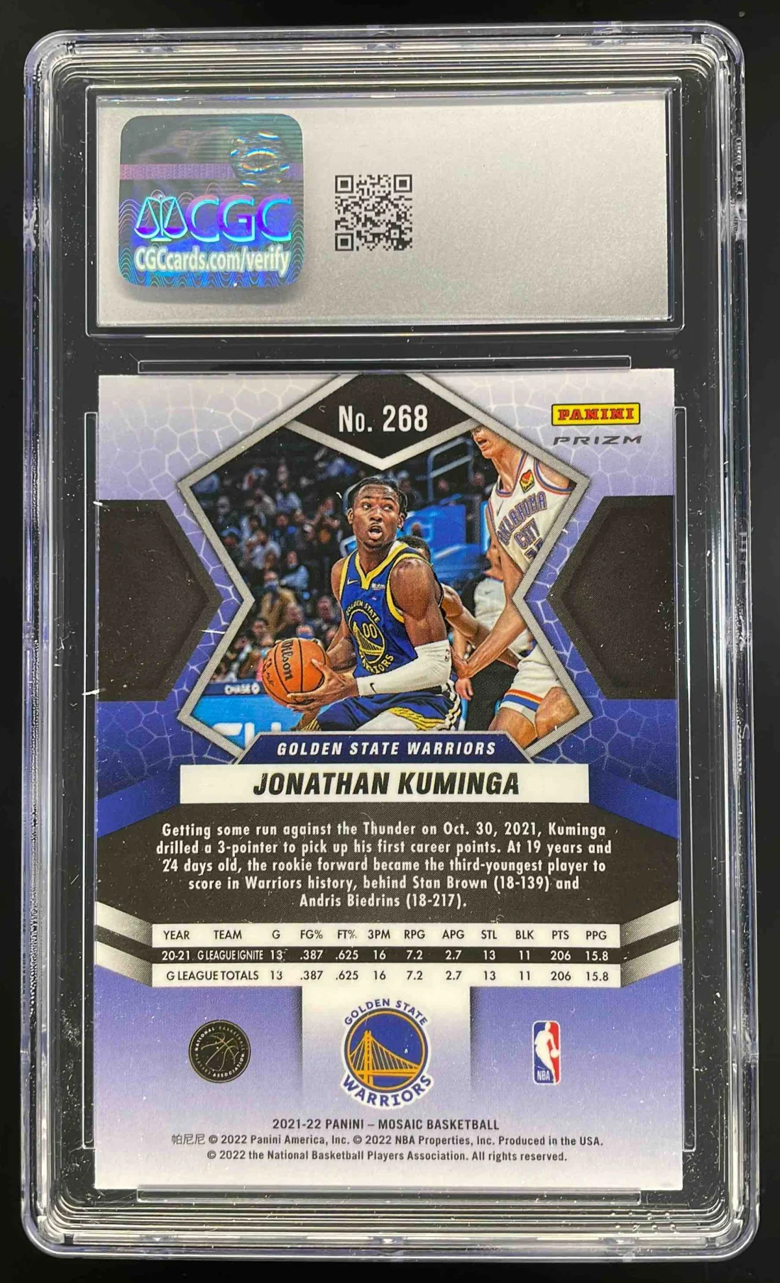 2021-22 Panini Mosaic Genesis #268 Jonathan Kuminga RC CGC 10 - Image 2