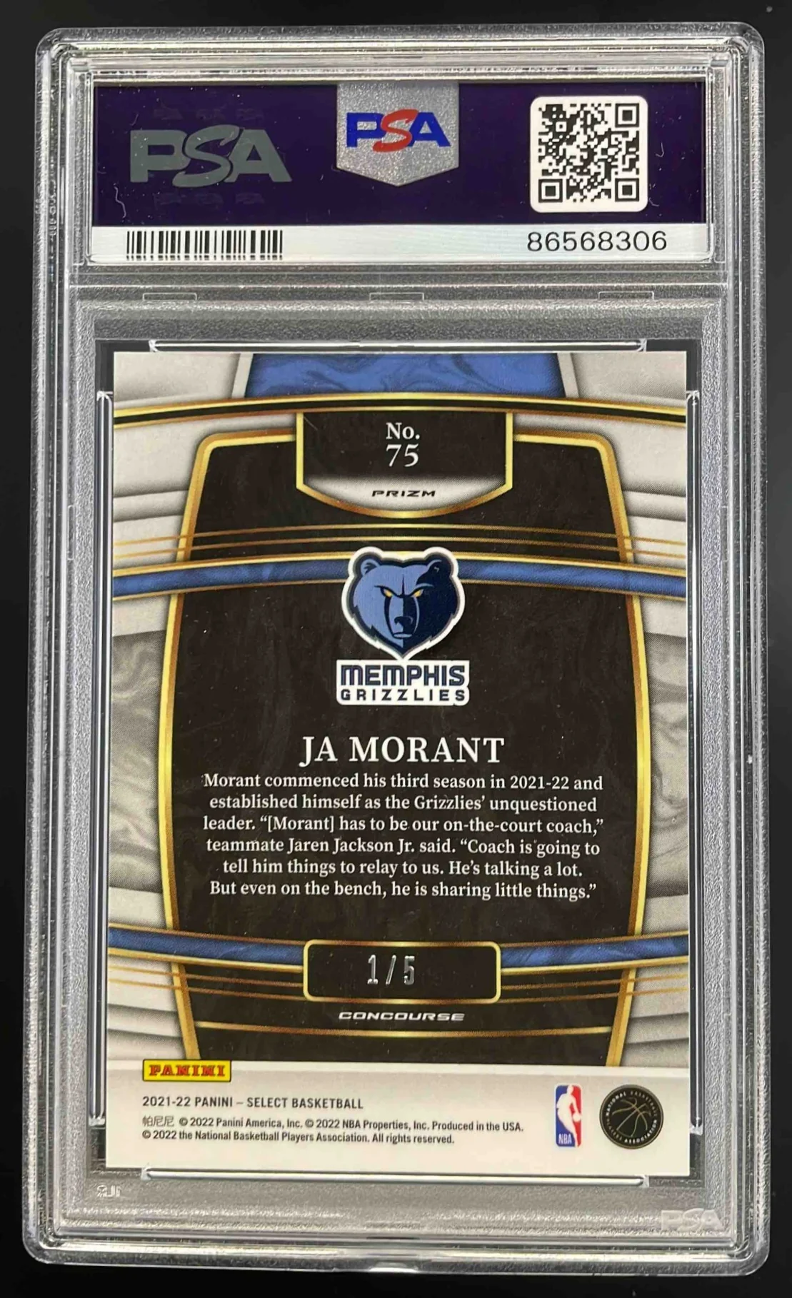 2021-22 Select Neon Purple Pulsar Prizms FOTL #75 Ja Morant Concourse /5 PSA 10 - Image 2