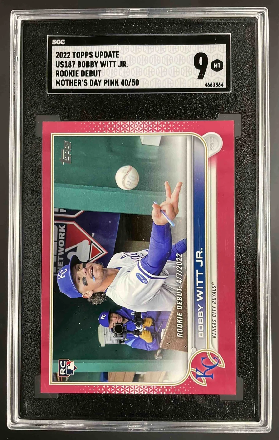 2022 Topps Update Mother's Day Hot Pink #US187 Bobby Witt Jr. RC /50 SGC 9