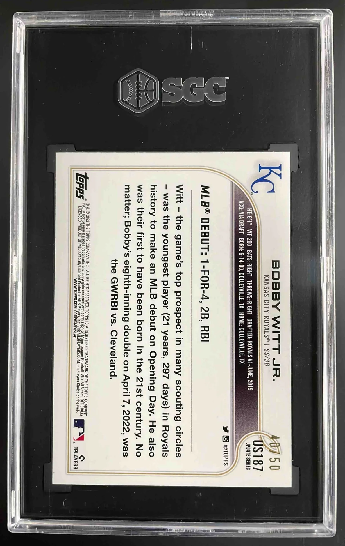 2022 Topps Update Mother's Day Hot Pink #US187 Bobby Witt Jr. RC /50 SGC 9 - Image 2