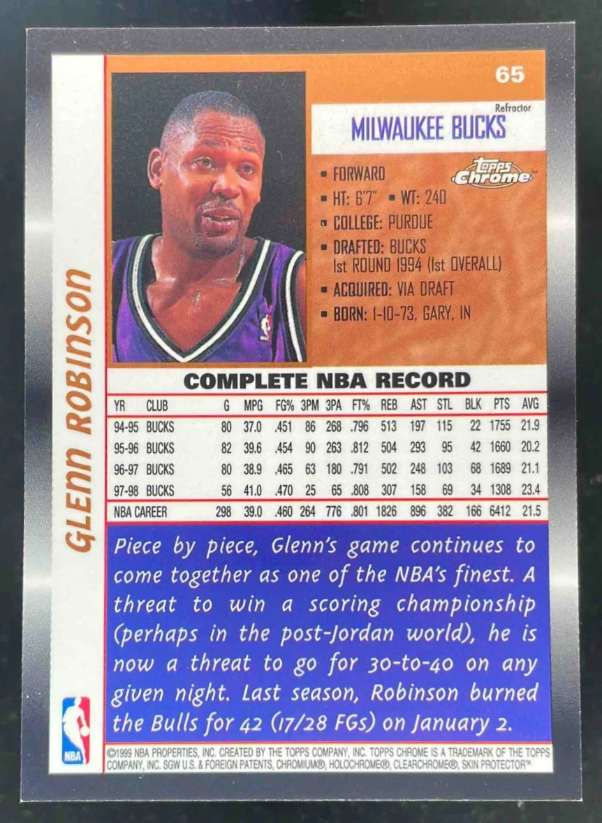 1998-99 Topps Chrome Refractor #65 Glenn Robinson - Image 2