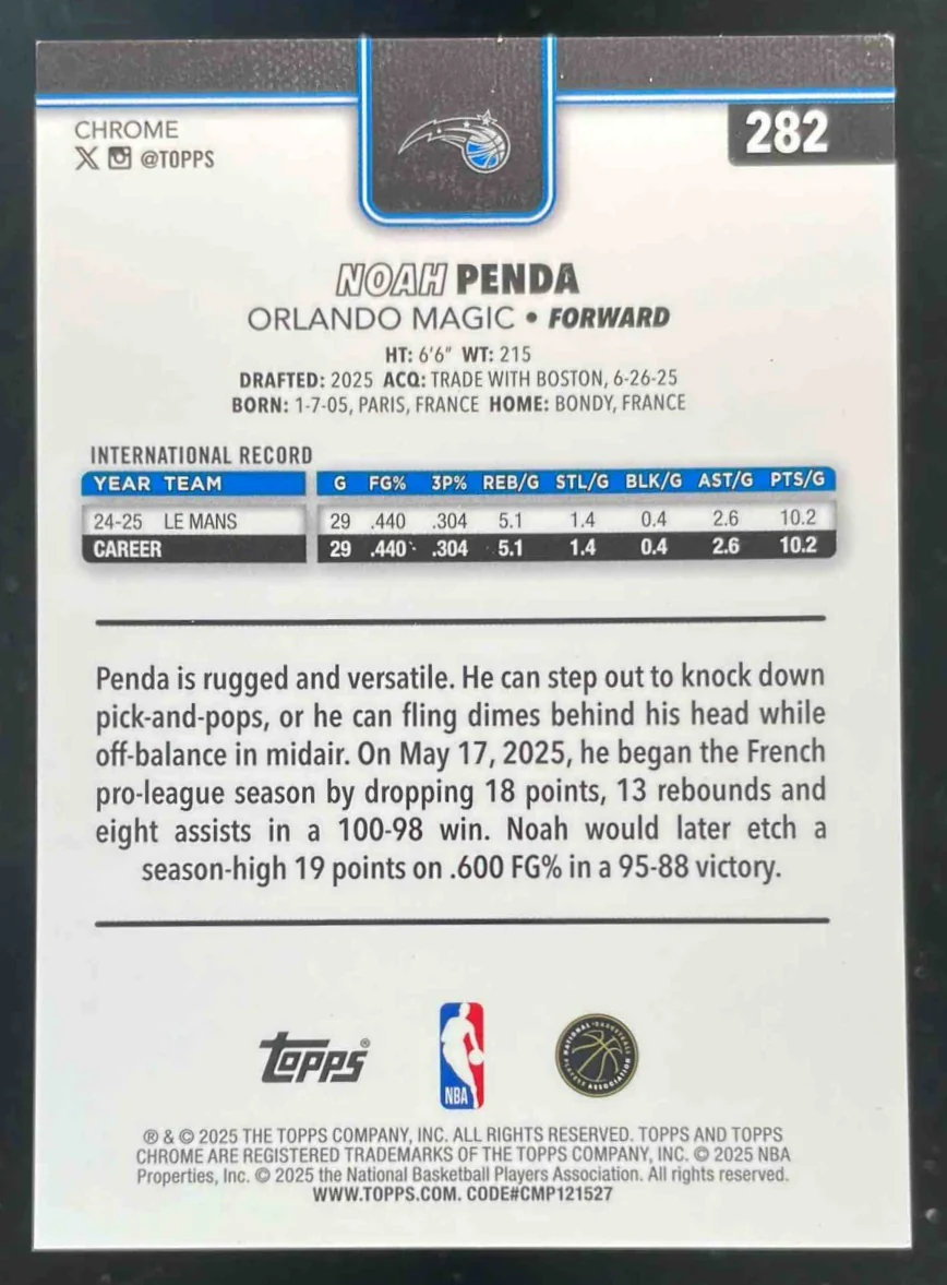 2025-26 Topps Chrome Pulsar Black Refractor #282 Noah Penda RC /10 - Image 2