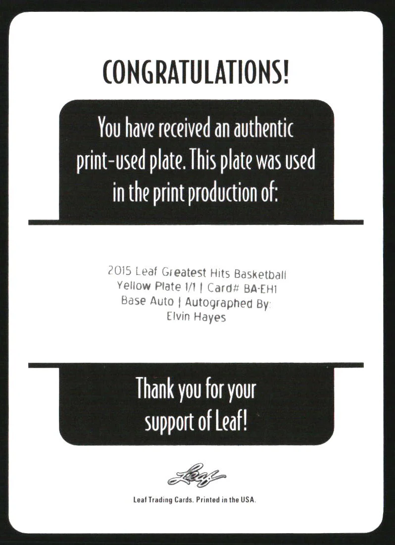 2015 Leaf Printing Plate Black Autograph Elvin Hayes Auto 1/1 - Image 2