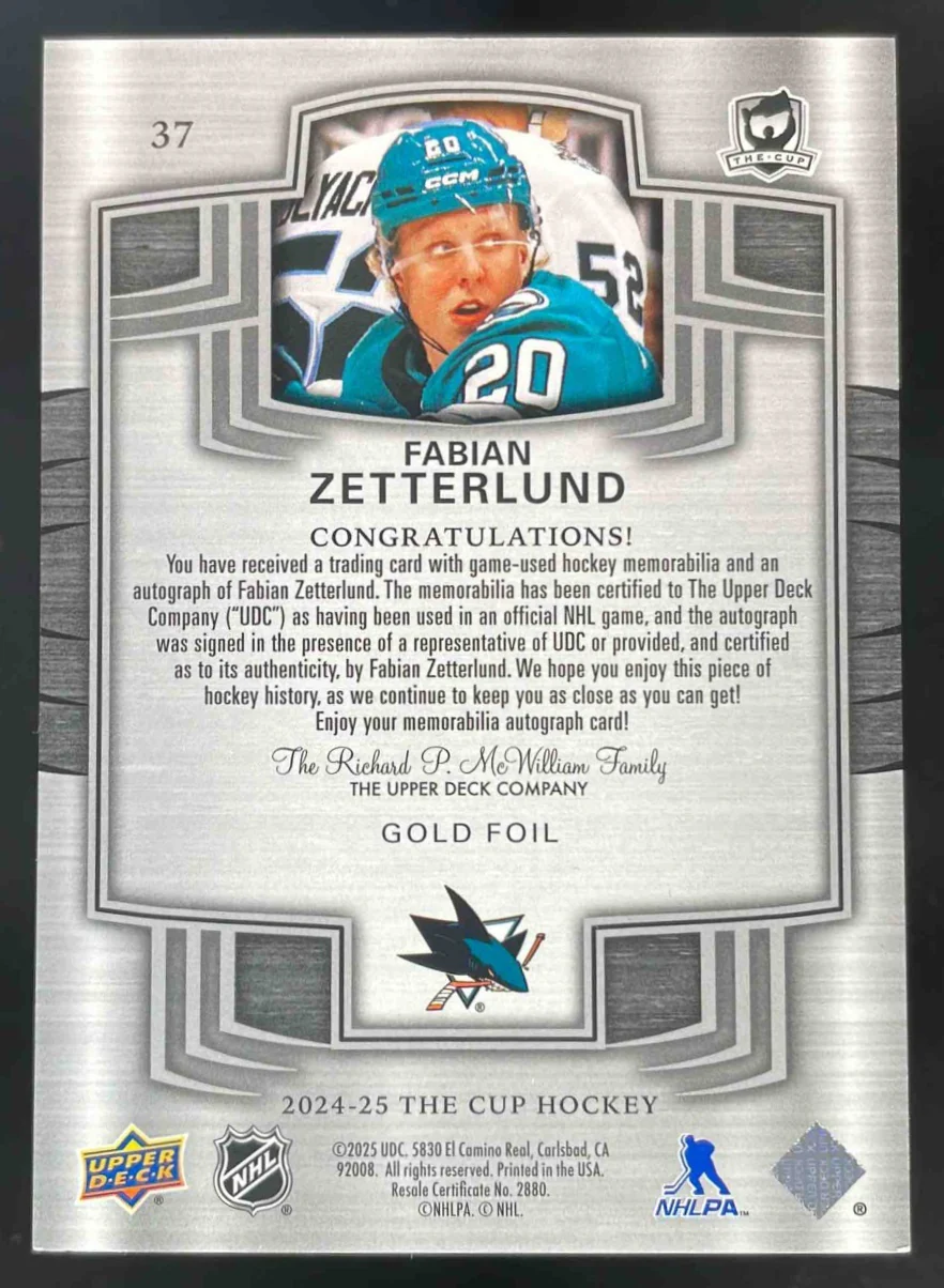 2024-25 Upper Deck The Cup Gold Foil #37 Fabian Zetterlund /8 - Image 2