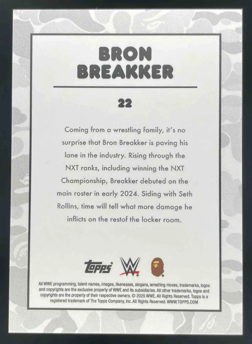 2025 Topps WWE x Bape Blue Camo #22 Bron Breakker /150 - Image 2