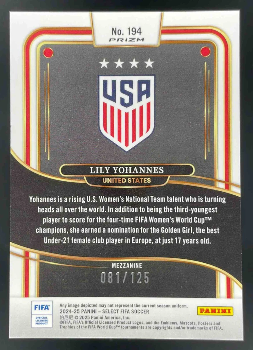 2024-25 Select FIFA Mezzanine Orange Fluorescent #194 Lily Yohannes RC /125 - Image 2