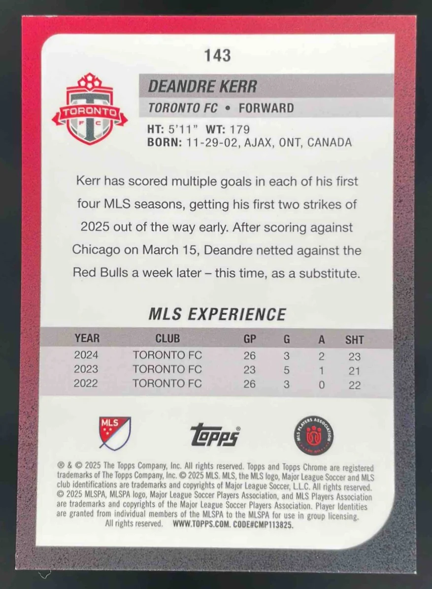 2025 Topps Chrome MLS Black Wave Refractor #143 Deandre Kerr /10 - Image 2