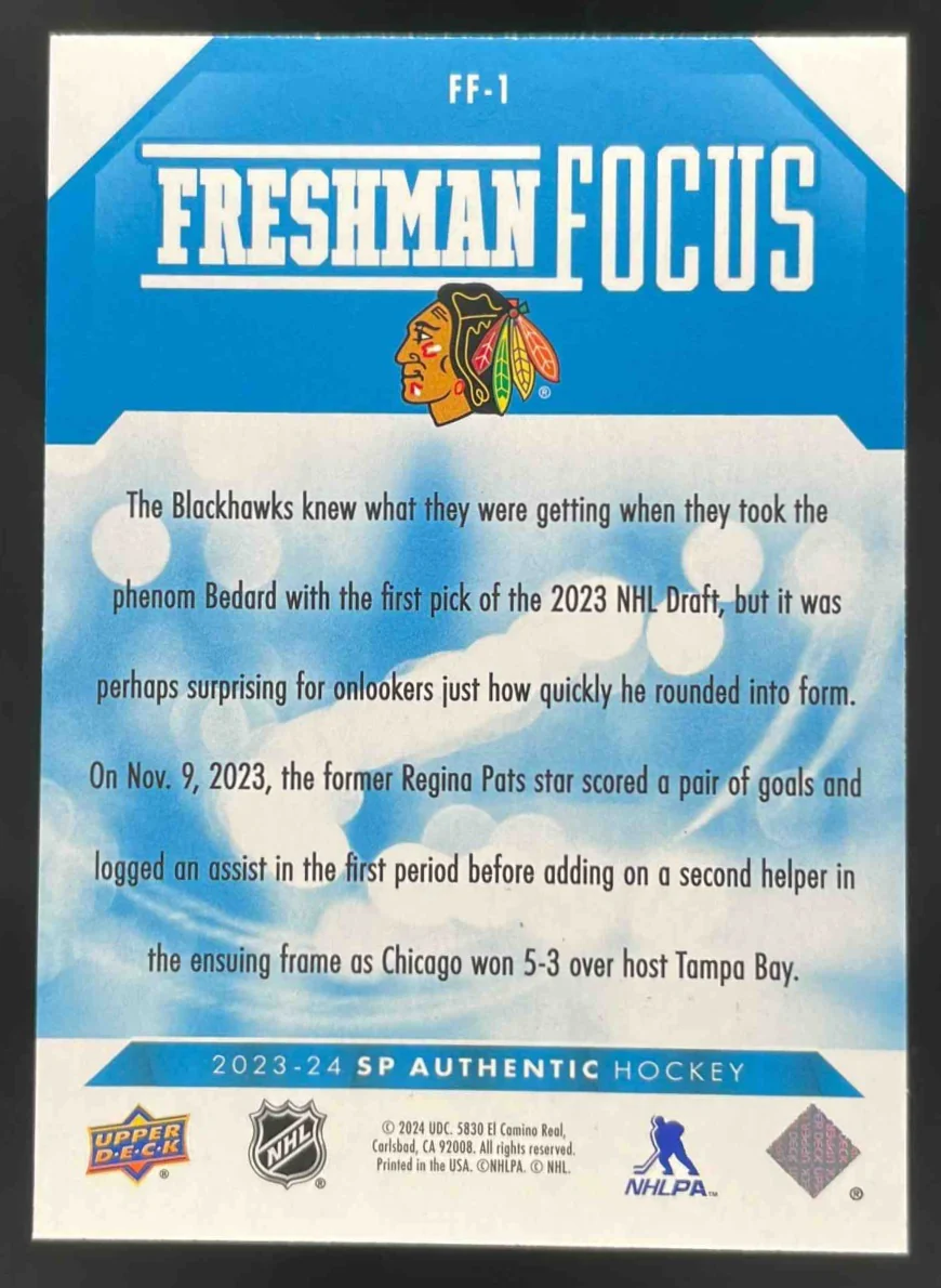 2023-24 SP Authentic Freshman Focus Blue #FF-1 Connor Bedard RC - Image 2