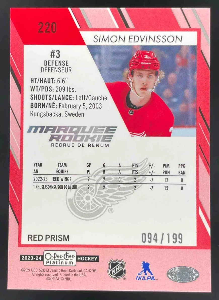 2023-24 O-Pee-Chee Platinum Red Prism #220 Simon Edvinsson RC /199 - Image 2