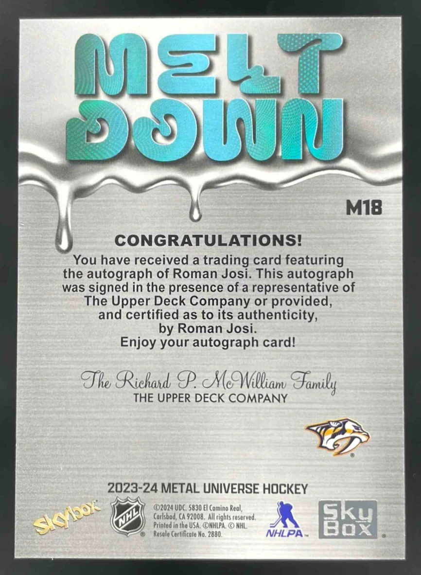2023-24 Skybox Metal Universe Meltdown Auto #M18 Roman Josi Auto - Image 2