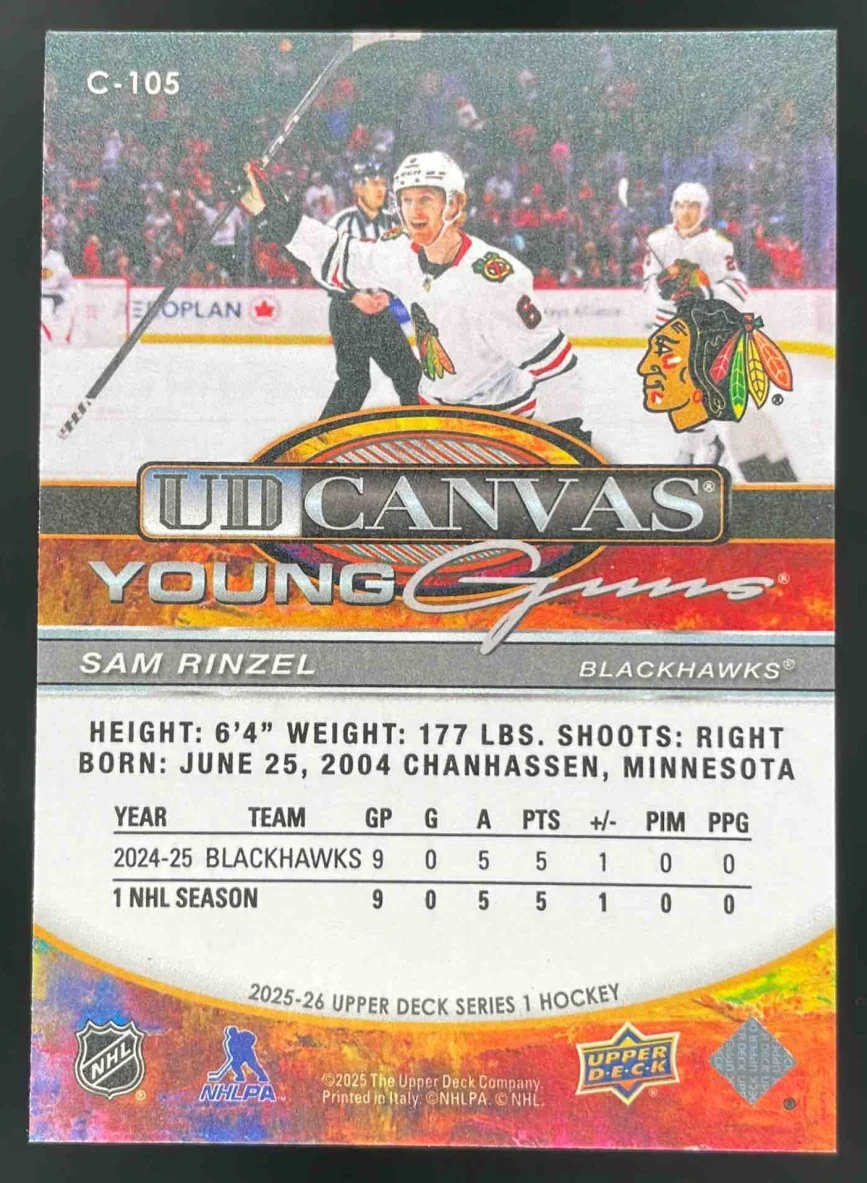 2025 Upper Deck Series 1 UD Canvas #C-105 Sam Rinzel Young Guns RC - Image 2