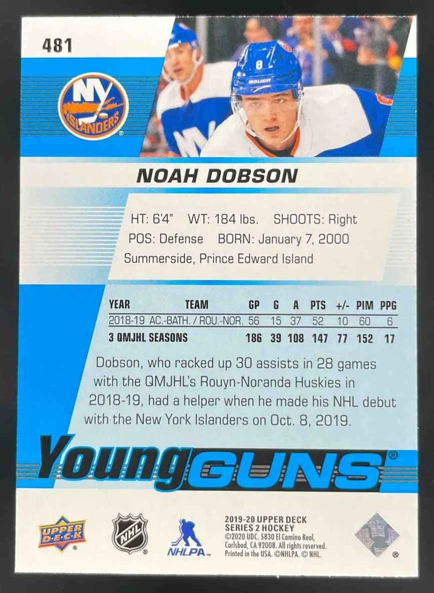 2019-20 Upper Deck #481 Noah Dobson Young Guns RC - Image 2