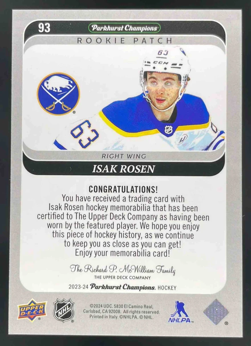 2023-24 Parkhurst Champions Patch #93 Isak Rosen /25 - Image 2
